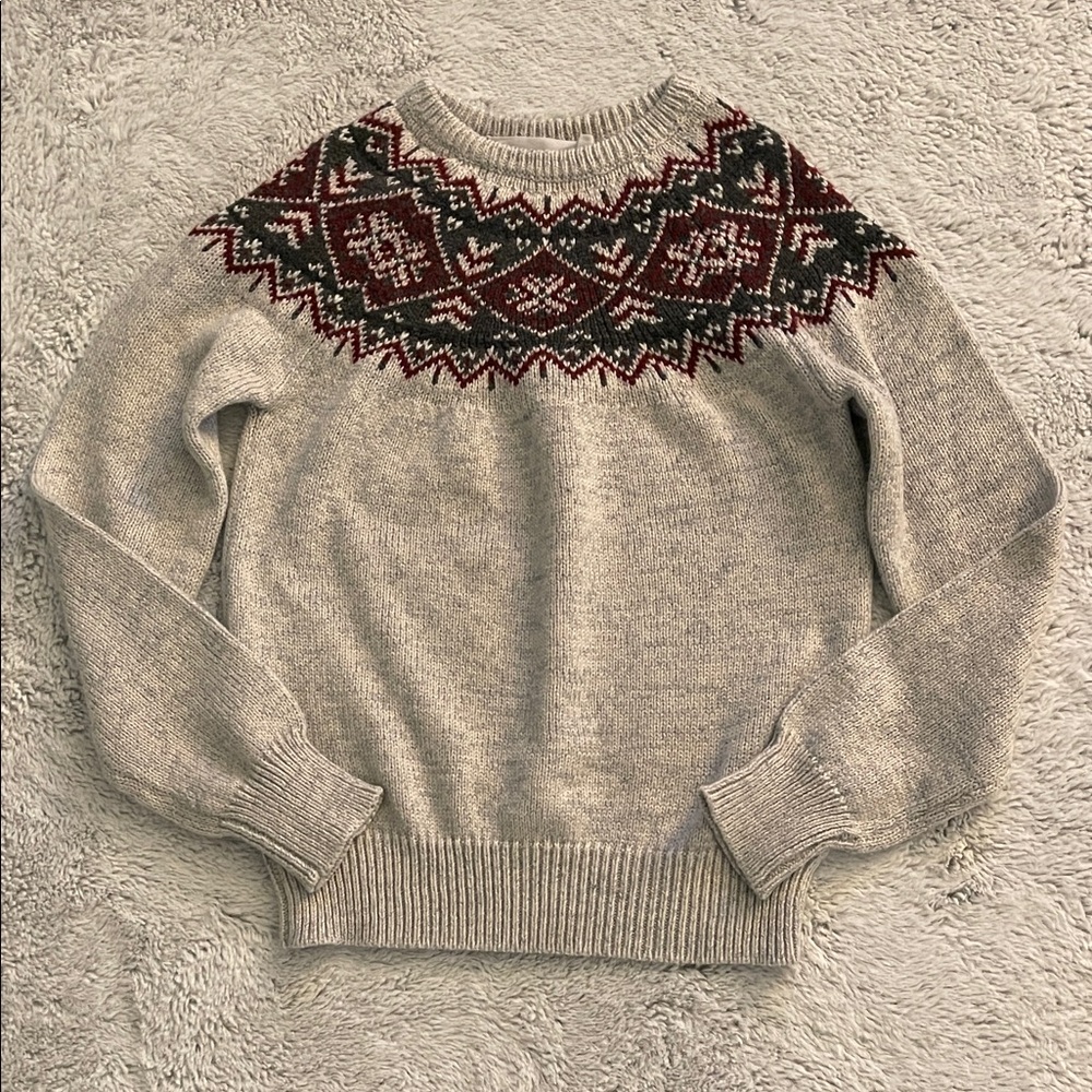 Scene & Heard Gray Sweater with Burgundy and Forest Green Fair Isles Pattern